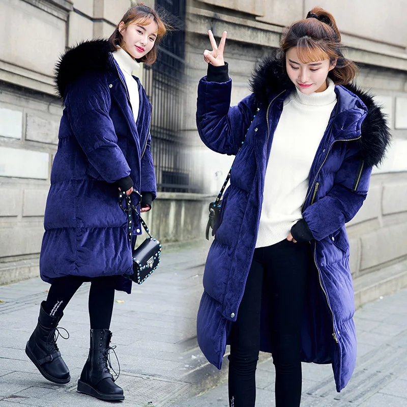 

2019 New Style Winter Royal Blue Cotton-padded Clothes Women's Mid-length Large Fur Collar Cotton Coat Korean-style Cotton-padde