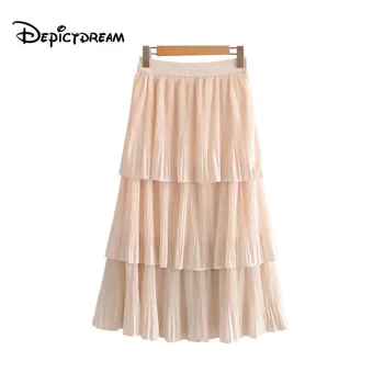 

2019 women sweet beige midi skirt elastic waist ruffles A line female casual fashion basic solid skirts mujer