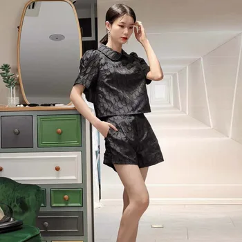 

European 20 new spring and summer dress jacquard suit short-sleeved jacket + high waist waist pants suit