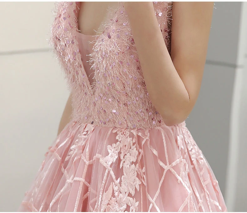 Sexy Backless Pink High Low Prom Dresses 2019 Plus Size V-neck Feather Sequined Lace Short Front Long Back Gala Dress