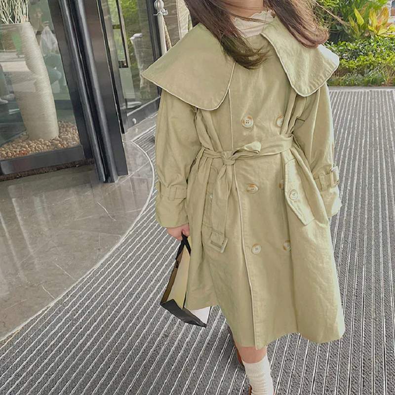 

DFXD England Style Kids Girl Long Trench Coat Spring Autumn Fashion Double-breasted Solid Windbreaker Jackets Children Outwear