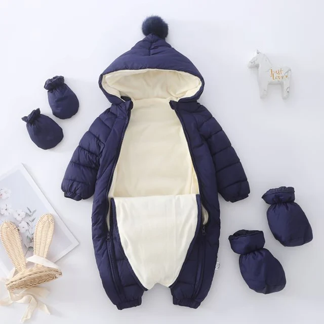 2021 Newborn Baby Jumpsuit Hooded Plus Velvet Warm Baby Boys Snowsuit Toddler Snow Suit Baby Girl Cotton Overalls Rompers 2