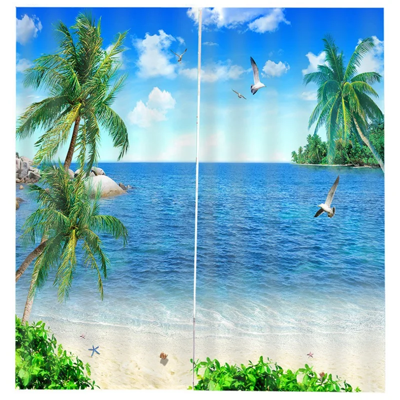 Modern Blackout Curtains For Bedroom Window Living Room 85% Shading 3D Seaside Scenery Prints Flower 160 x 150cm(H | Дом и сад