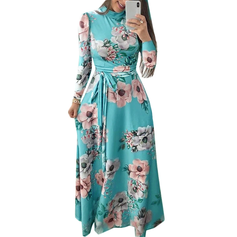 Женское длинное платье макси, летнее богемное пляжное платье с цветочным принтом, повседневное Бандажное платье с коротким рукавом, вечерние платья размера плюс, Vestidos - Цвет: QL-Chang