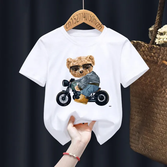 Funny Bear Riding Motorcycle Print Boy Girl White T-shirt Kid Summer Harajuku Kawaii Funny Little Baby Y2K Clothes,Drop Ship 2