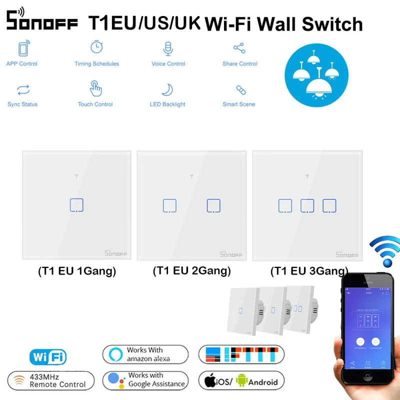 Sonoff T1 EU UK 86 1~ 3 банды TX 433 МГц RF дистанционное управление настенный Wi-Fi адаптер умный дом переключатель работает с Alexa Google Home Basic