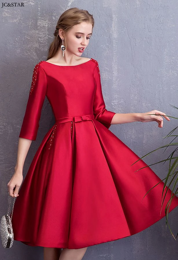 Vestidos de dama de honor mujer, новинка, сатиновое, Жемчужное, с рукавом 3/4, ТРАПЕЦИЕВИДНОЕ, красное, розовое, платье подружки невесты, короткие платья, женские, вечерние, ночные