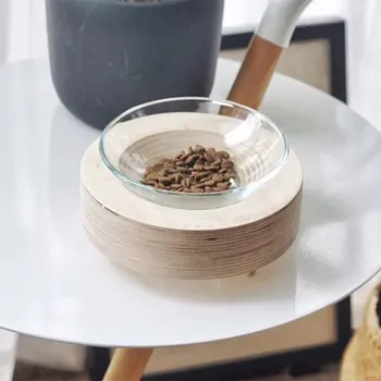 

Cat Bowl Dog Glass Non-slip Food Bowls With Protection Cervical Oblique Cat Food Tray With Wood Base Pet Drinking Water Bowls