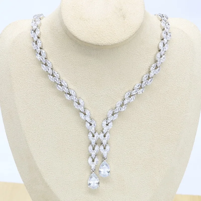 Серебряные Свадебные Ювелирные наборы для женщин белый кубический цирконий ожерелье длинные серьги подарок на день рождения