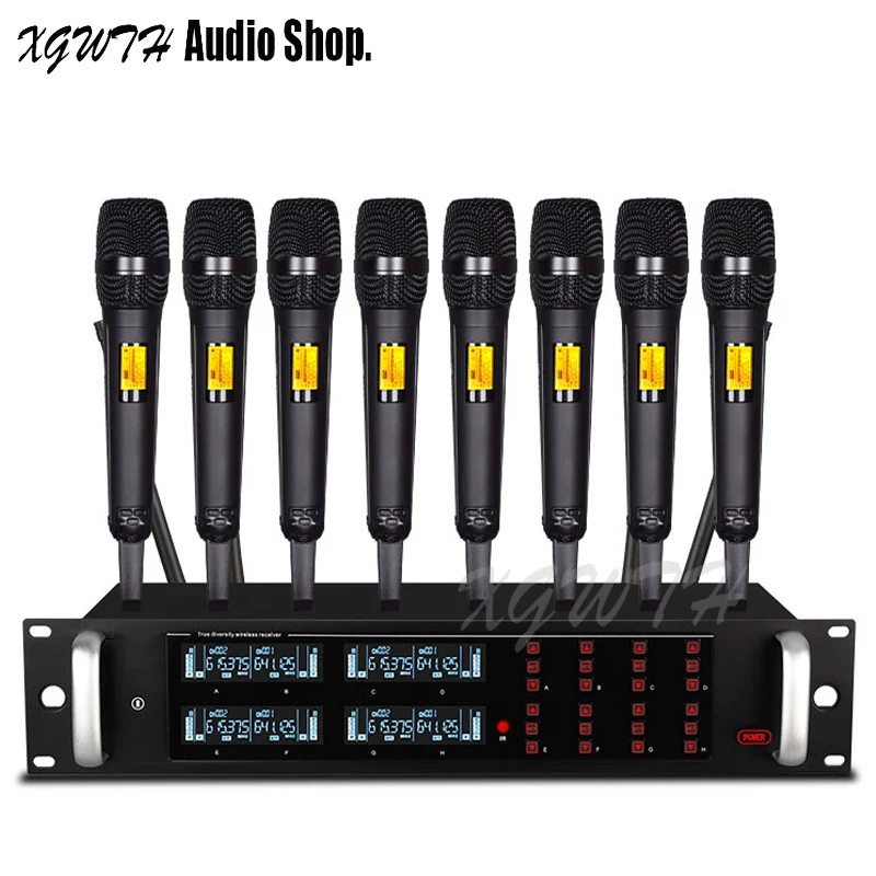 

UHF Digital Adjustable Frequency Anti-howling 8 Handheld Wireless Microphone System for Stage Karaoke Dynamic Cardioid Mic 800CH