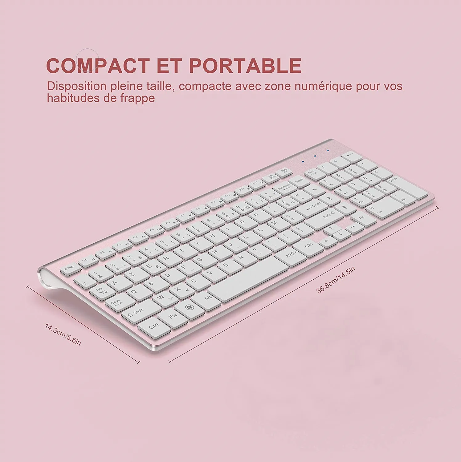 무선 키보드(AZERTY) 2.4G USB 초박형 키보드, PC 노트북용 휴대용 무음 인체공학적 프랑스어 키보드-핑크/그레이/실버