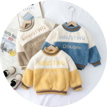 

Children's winter wool sweater half-high collar plus velvet thickening boys and girls set of letters embroidered shirt
