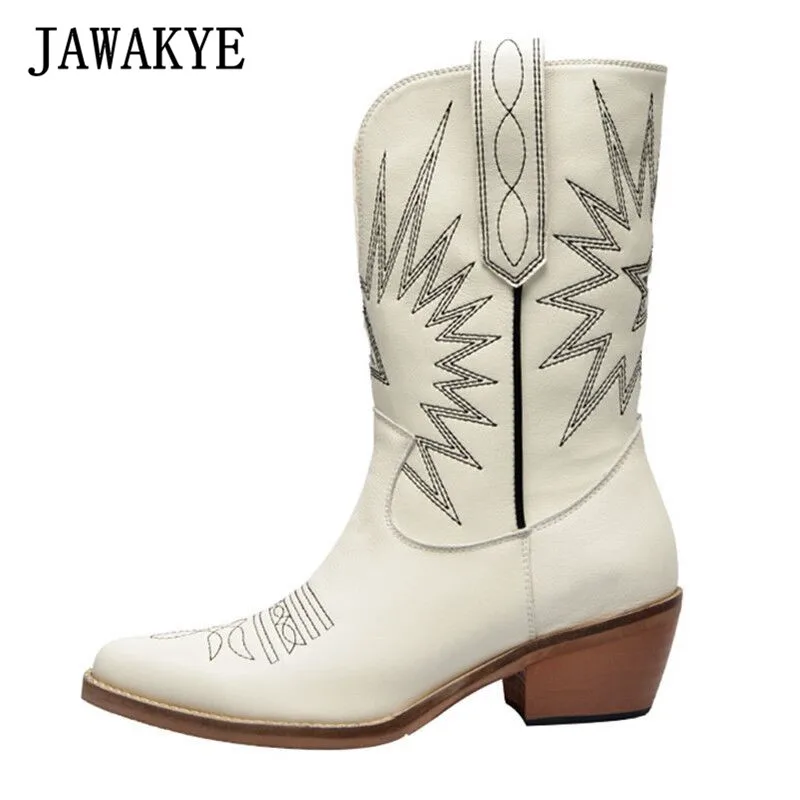 

JAWAKYE design genuine leather knee high boots for women embroidery Chunky heels Motorcycle Boots Low heel Cowboy short boots