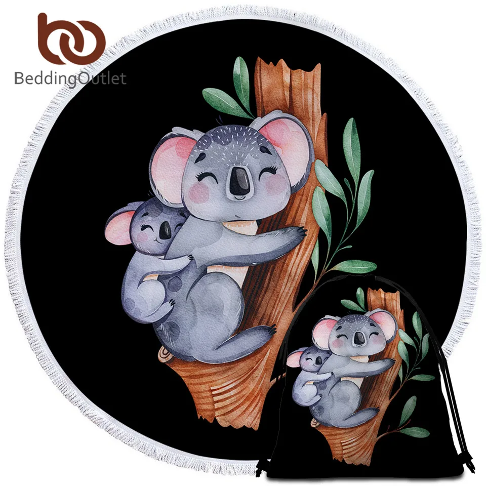 

BeddingOutlet Koala Family Round Towel Cartoon Beach Towel Eucalyptus Tree Leaf Summer Blanket Watercolor Animal Tapestry Toalla