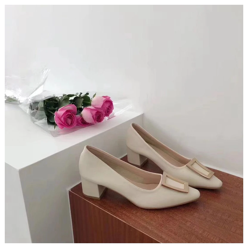 Beige Square Buckle DONLEE QUEEN/модные туфли-лодочки женская повседневная обувь на низком каблуке с металлической пряжкой Осенняя обувь без застежки zapatillas de mujer - Цвет: Beige Square Buckle