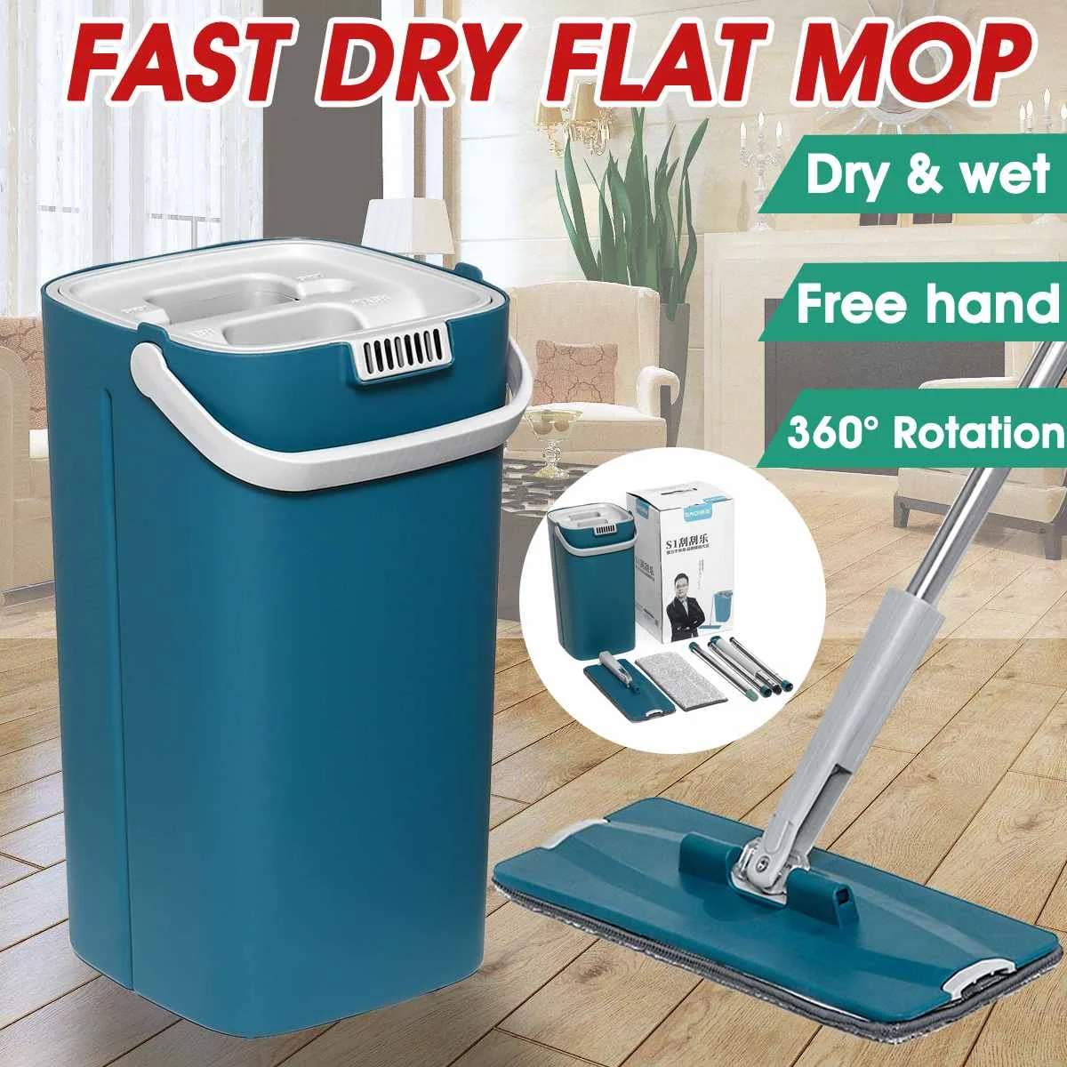 Meigar Dry Wet 360 Degree Roatation Flat Squeeze Mop Handfree Wring Automatic Spin Mop Fast Dry Flat Mop Pads Dust Floor Cleaner