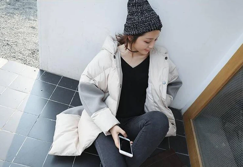Зимние толстые контрастные цвета женские парки Harajuku Длинные Стильные женские пальто
