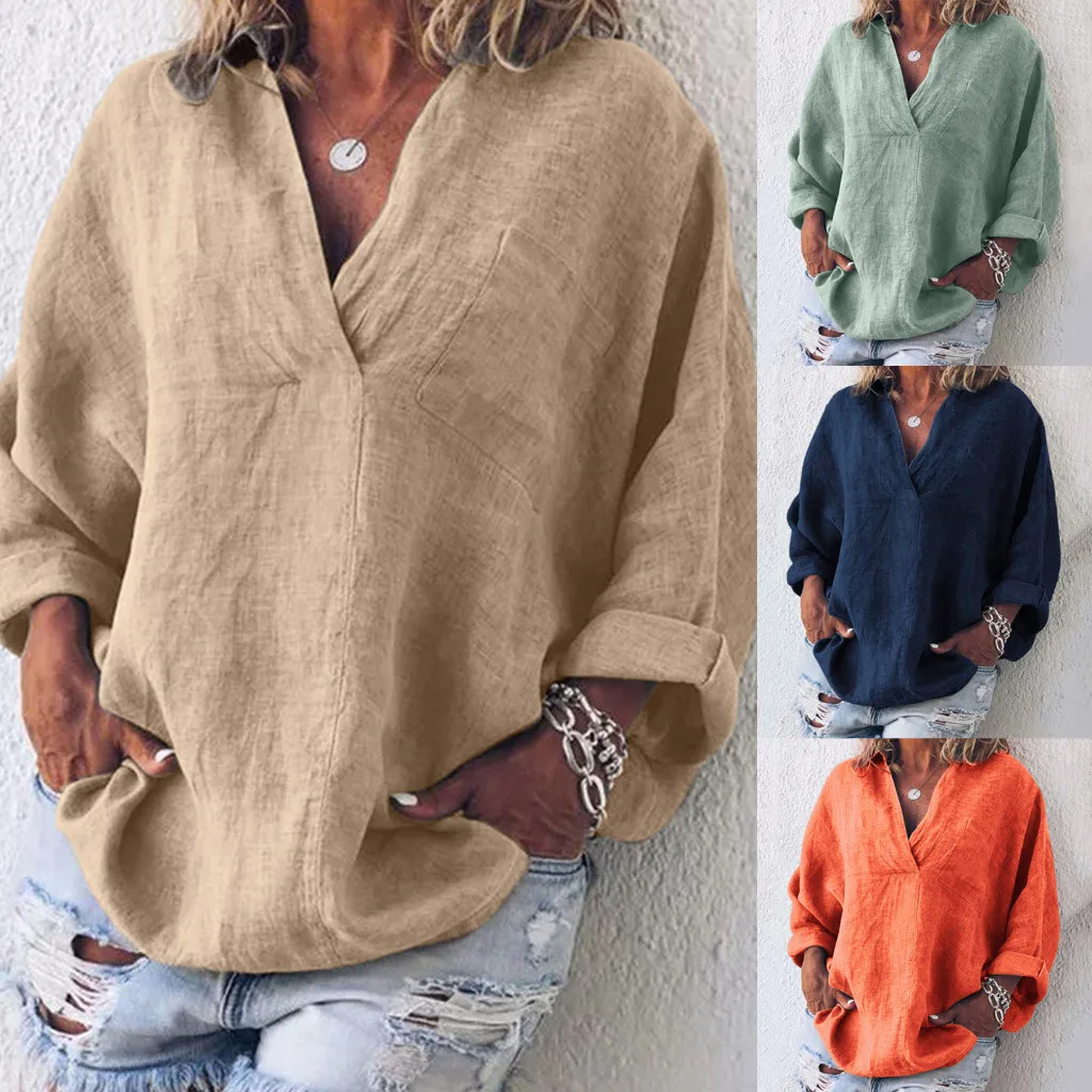 

JAYCOSIN Women Cotton and Linen Casual Solid Color Simple Shirt Ladies Torridity Long Sleeve Shirt Loose V-neck Tops