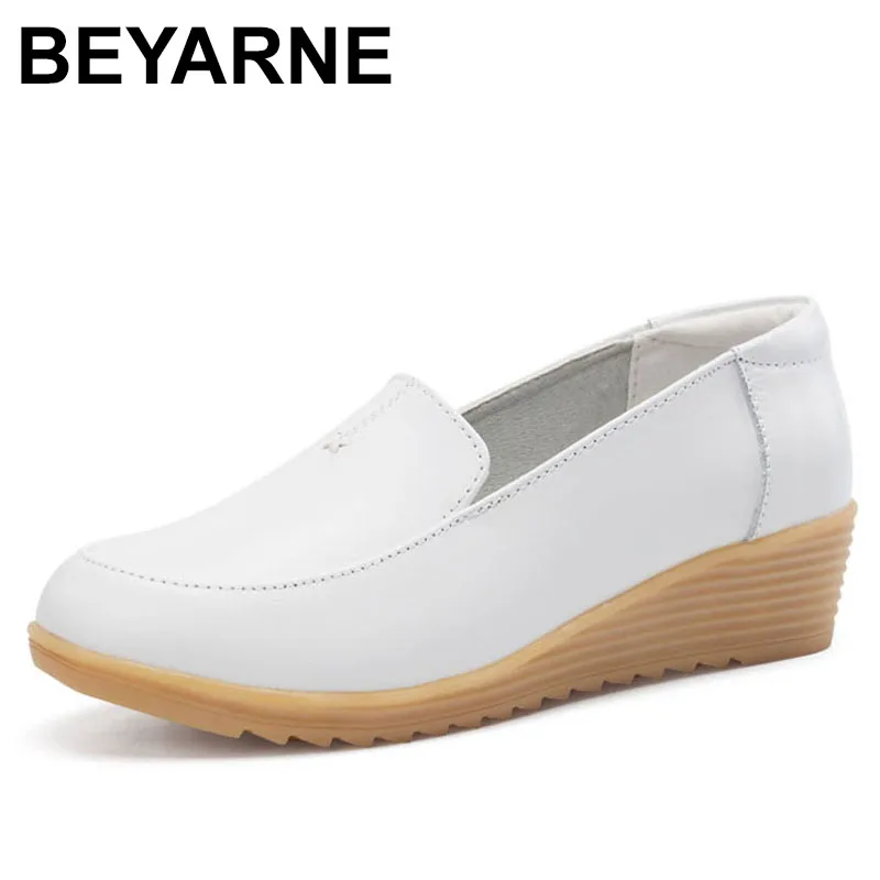 

BEYARNENew white nurse shoes genuine leather comfortable heels low wedge work shoes women casual leather slides wedgesL006