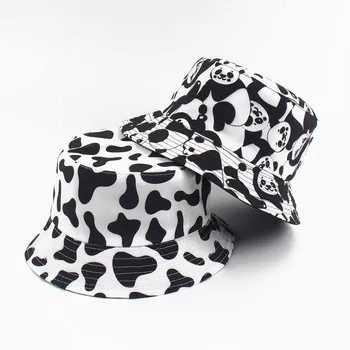 

2002 New Fashion Reversible Black White Cow Pattern Bucket Hats Fisherman Caps Outdoor Sun Hat For Women Gorras Summer Jul714