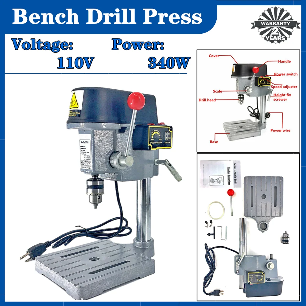 

340W Rotary Pillar Drill Press Bench Top Mounted Drilling Machine Device Table Bit Tip Diameter Speed 1-10mm,US Stock