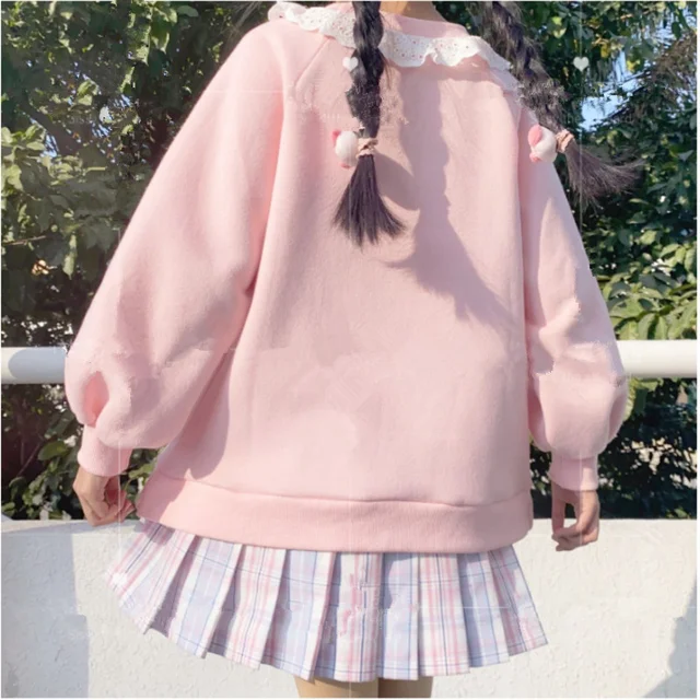 2020 Autumn New Women Lace Neck Cute Hoodies Harajuku Kawaii Sweatshirt Women Pink Pullover Lamb And