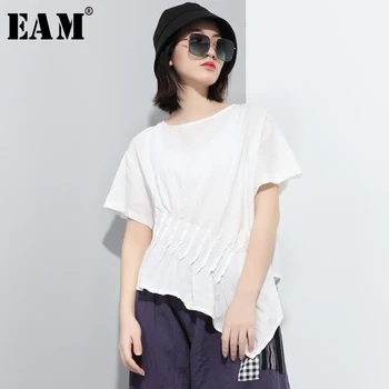 

[EAM] Women White Brief Pleated Asymmetrical Hem T-shirt New Round Neck Long Sleeve Fashion Tide Spring Summer 2020 1T866