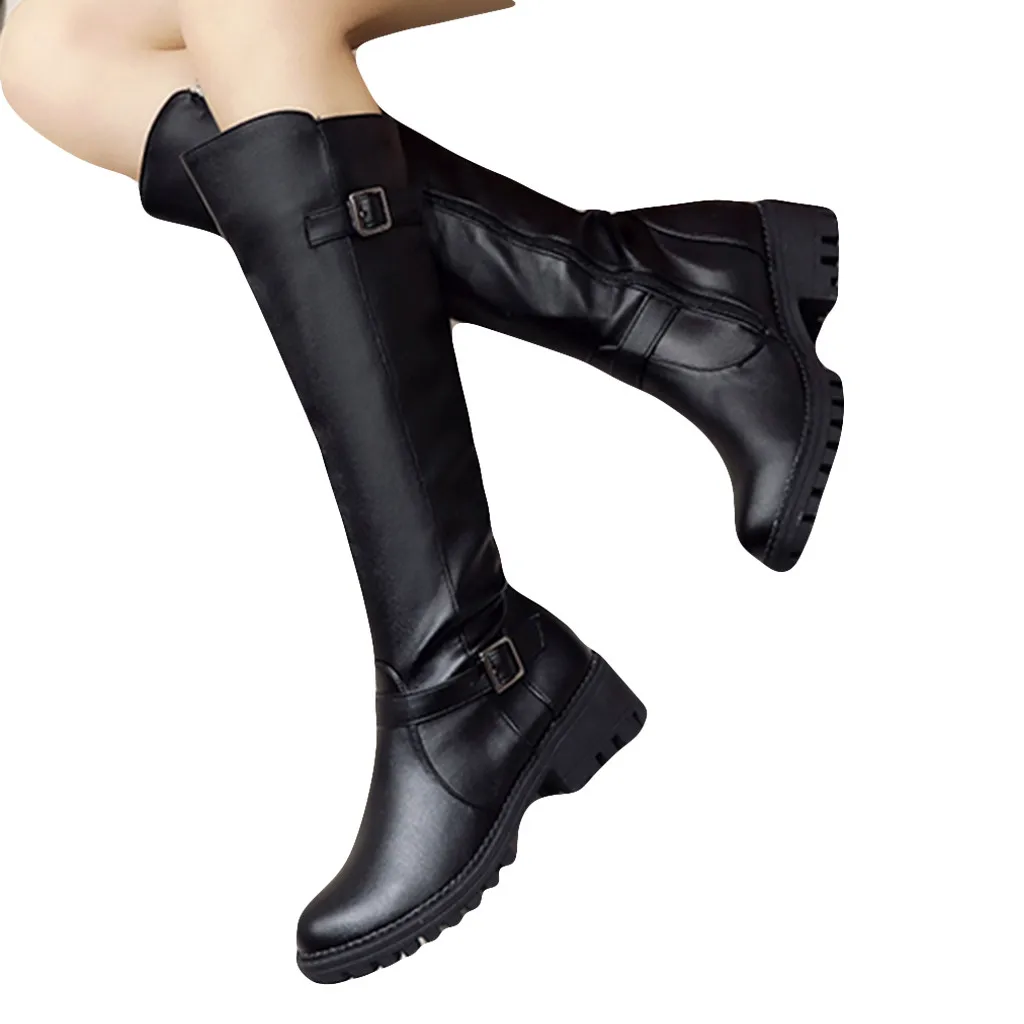 Модные высокие сапоги до колена однотонные теплые зимние сапоги на молнии с круглым носком винтажные женские сапоги на не сужающемся книзу массивном каблуке с пряжкой и ремешком