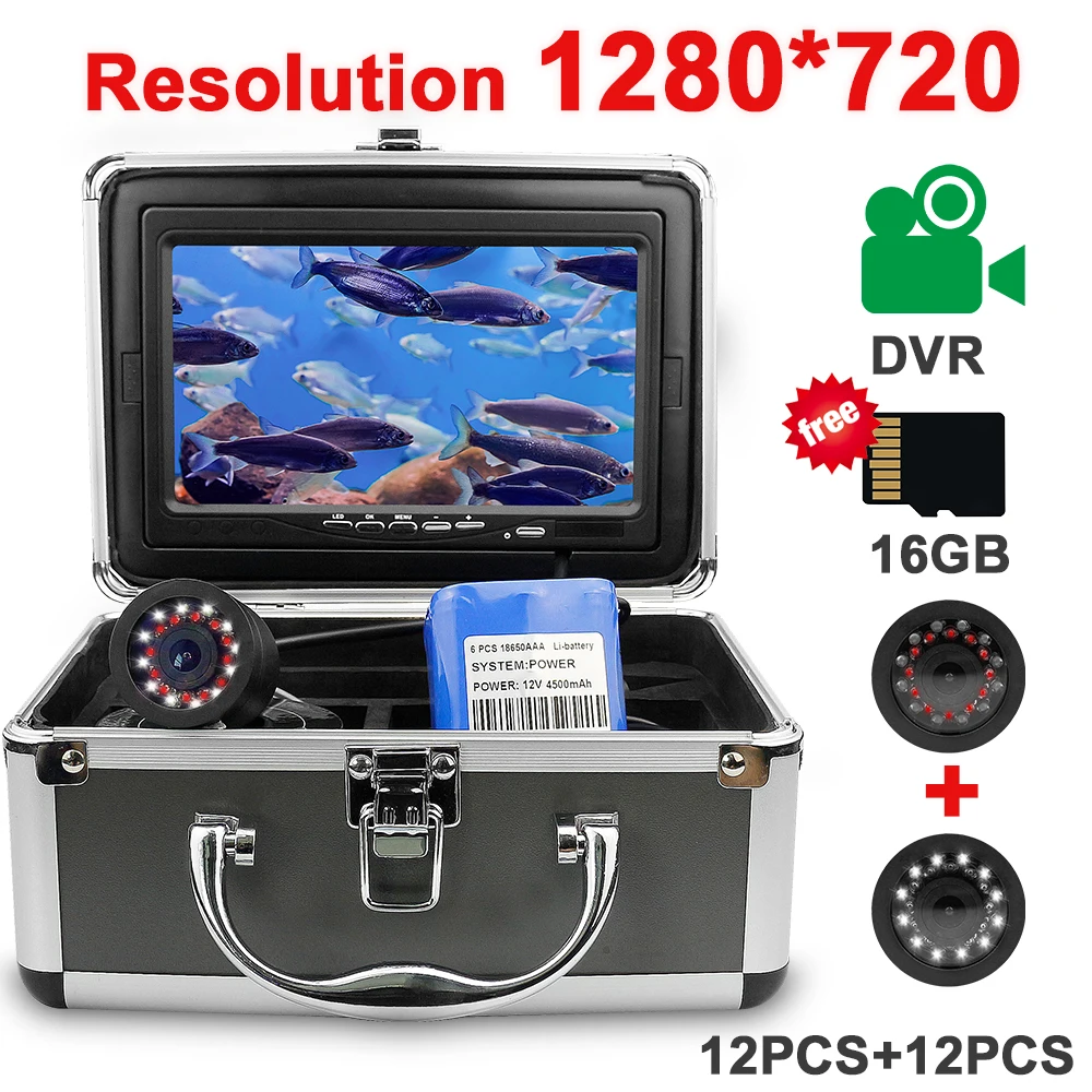 Рыболокатор подводная рыболовная камера HD 1280*720 экран 2 Инфракрасные диоды инфракрасный яркий белый светодиодный камера для рыбалки Запись DVR - Цвет: Черный