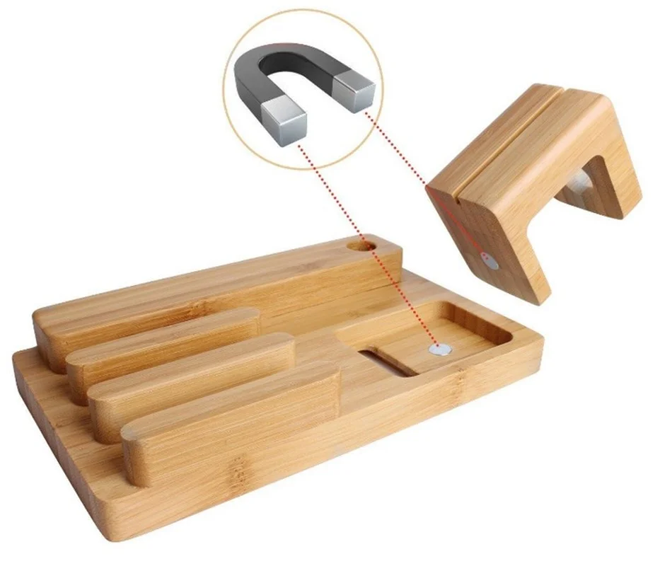 4 USB Ports 3 in 1 Phone Watch Disassemble Bracket Charging Dock Stand Station Bamboo Base Charger Holder For Smartphone Tablet 5