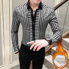 Брендовая фланелевая рубашка в полоску, мужская повседневная приталенная рубашка с длинным рукавом, Мужская одежда, вечерние рубашки для ночного клуба