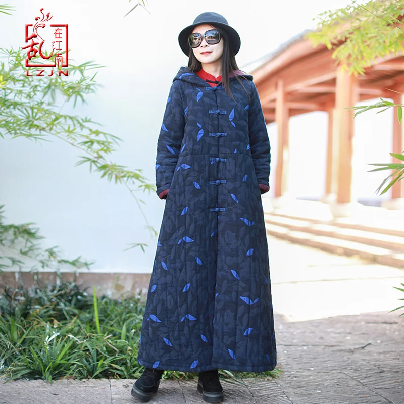 LZJN Vintage Vrouwen Jassen Chinese Stijl 2019 Winter Nieuwe Lange Mouwen Hooded Vrouwen Warm Parka Dikke Gewatteerde Maxi Jassen