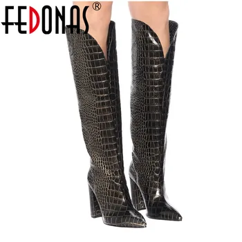 

FEDONAS New Arrival Women Knee High Boots High Heels Gold Pointed Toe Party Shoes Woman Ladies Warm Autumn Winter High Boots