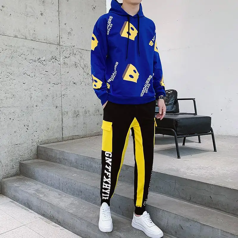 

Men's Autumn And Winter Printing Casual Long-sleeved Stitching Trousers Trend Handsome Sports Sweater Hooded Hood