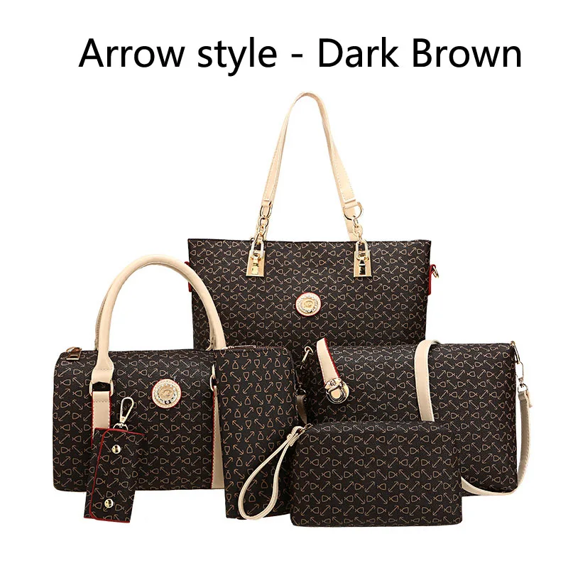 Arrow-DarkBrown-6pcs Autumn New Fashion Women's Bag 6 Piece Set Plaid Bag Lady Slung Hand Bag Shoulder Messenger Composite Bag - Цвет: Arrow-DarkBrown-6pcs