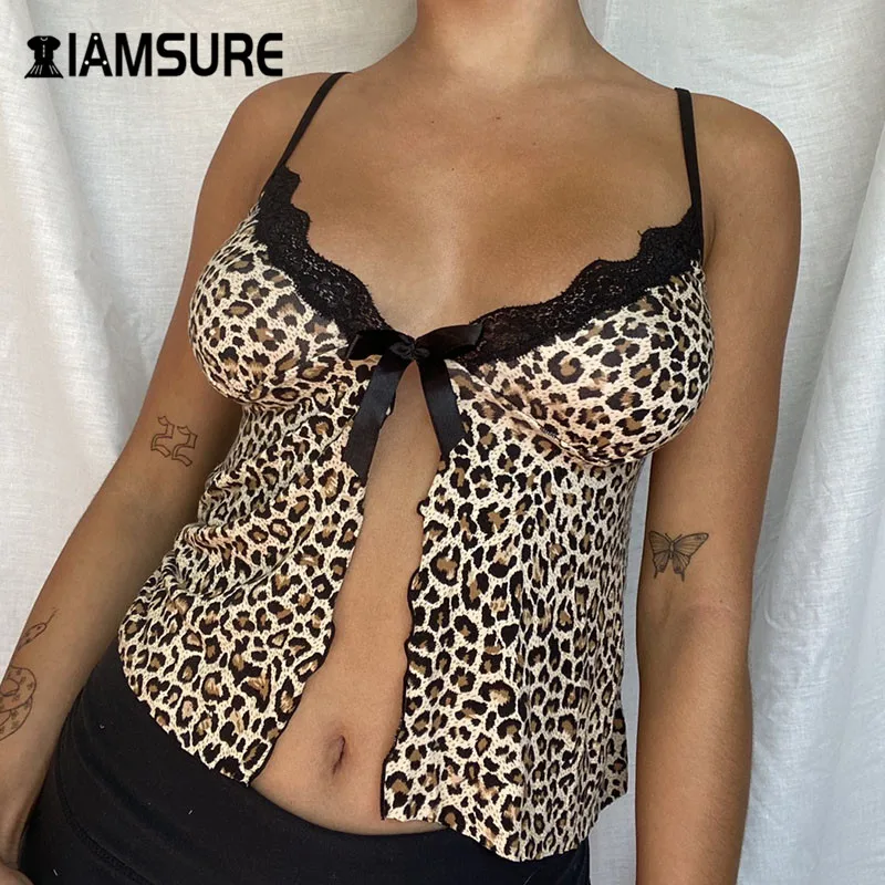 

IAMSURE Lace Patchwork y2k Fashion Crop Tops For Women Leopard Print Sexy V-Neck Front Split Female Tank Top Summer Rave Outfits