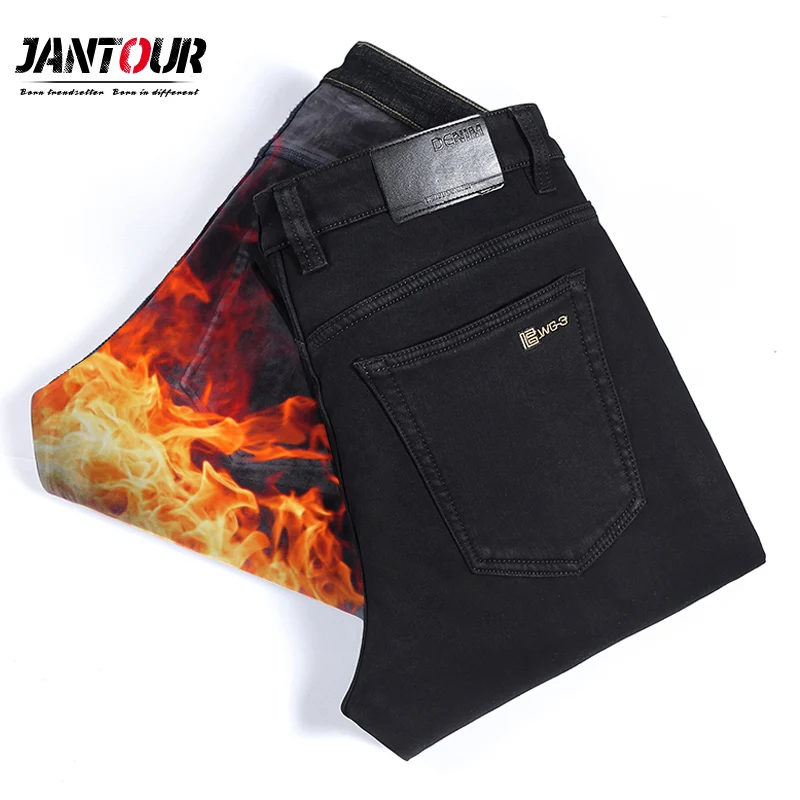 

2020 New High Quality Mens Thick Fleece Business Casual Loose Straight Jeans men Black Denim Warm trousers Big Size 40-42 44