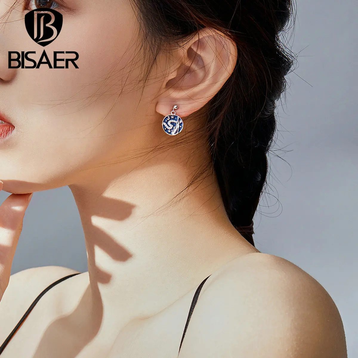 Серьги со звездами, BISAER, 925 пробы, серебряная, синяя эмаль, светящиеся, звездное небо, серьги-гвоздики для женщин, модные серьги, ювелирное изделие, ECE780