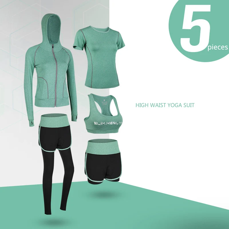 green 5 pcs set 5 шт. женский спортивный костюм Йога набор спортивная одежда спортивный костюм для фитнеса для тренировки одежда для женщин спортивный бюстгальтер леггинсы, спортивная одежда - Цвет: green 5 pcs set