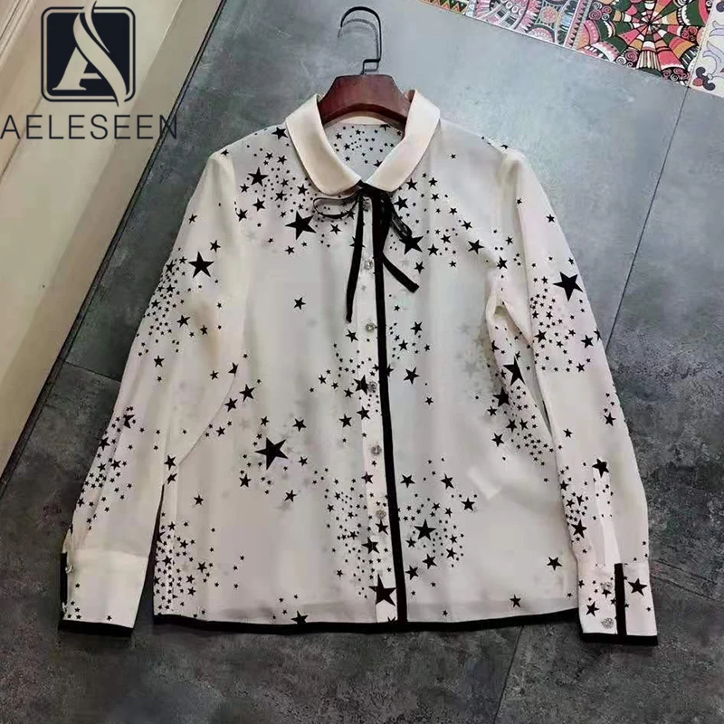 AELESEEN, весна, дизайн, Офисная Женская блузка, высокое качество, чистый шелк, роскошная кнопка в виде бриллианта, Звездный принт, рубашка