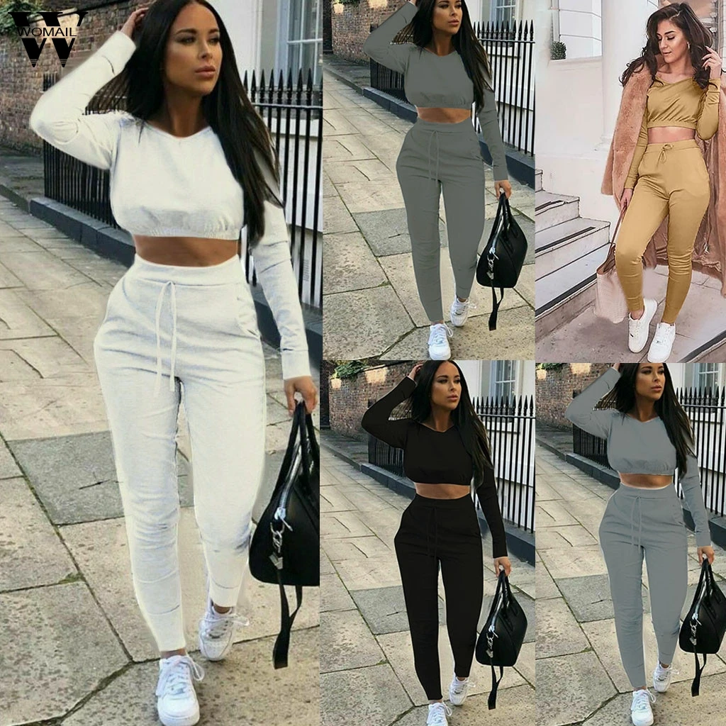 

Womail tracksuit Women fashion two pieces sets Long Sleeve crop shirt+ long pant set tracksuits set outfit sportwear Female Suit