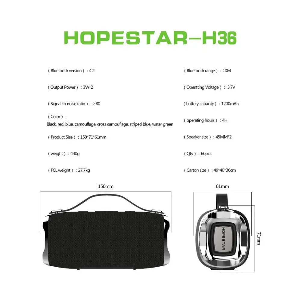 H36 Мини Bluetooth динамик открытый портативный водонепроницаемый беспроводной небольшой громкий динамик HIFI Бас Звук 3D Музыкальная стерео Колонка TFcard