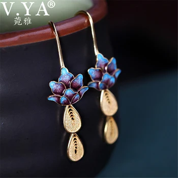 

V.YA 925 Sterling Silver Lotus Drop Earrings for Women Lady Enameling Elegant Ethnic Dangle Earring Jewelry Brincos