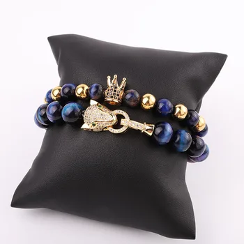 New Fashion Natural Stone Polar Lights Tiger Eye Beads Luxury Leopard Crown Charm Elastic Beads Bracelet Set Jewelry Men Women
