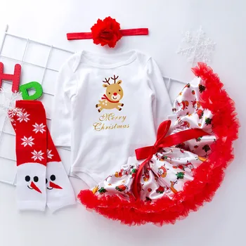 

Toddler Baby Kids Girls winter Christmas clothes set Print cute Cartoon Romper Tutu Skirt Hairband Socks boutique clothing set