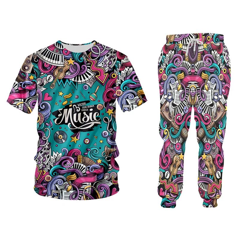 UJWI 3D Print Men 2 piece set Music Note instrument Party Hip Hop jogger Tracksuit Jacket Sweatsuit Sweatshirt Hoodies sports