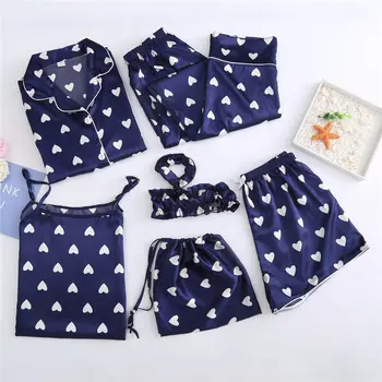 

Spring 7 Pieces Set Autumn Silk Elegant Women Pajamas Print Shorts Long Sleeve Top Elastic Waist Pants Full Lounge Sleepwear