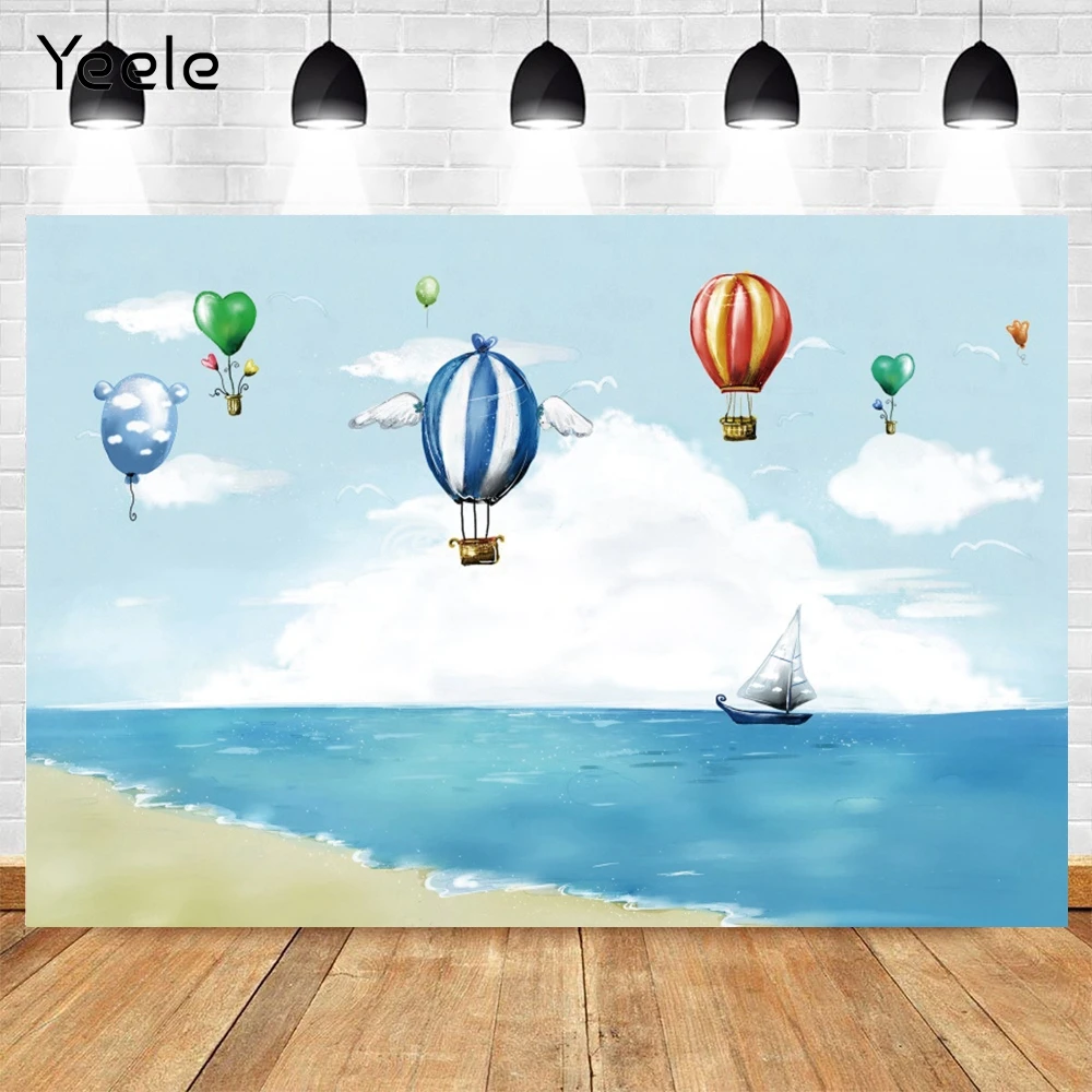 

Yeele Painting Sea Hot Air Balloon Sailboat Cloud BabyBirthday Backdrop Photography Background Vinyl Photo Photocall Photozone