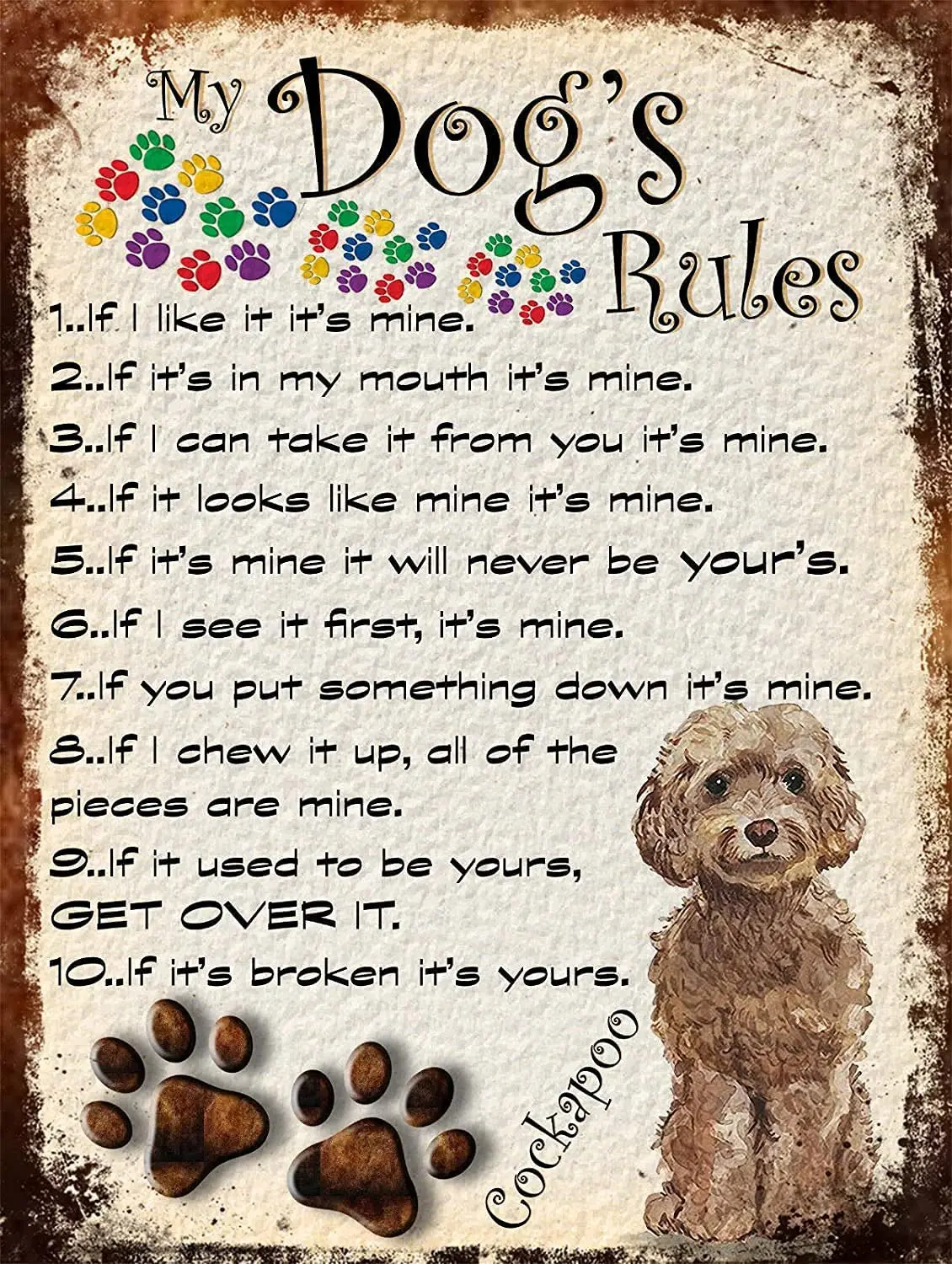 

Vintage Style Tin Sign My Dog's Rules Cockapoo Tin Signs for Home Bar Coffee 12" X 8"in