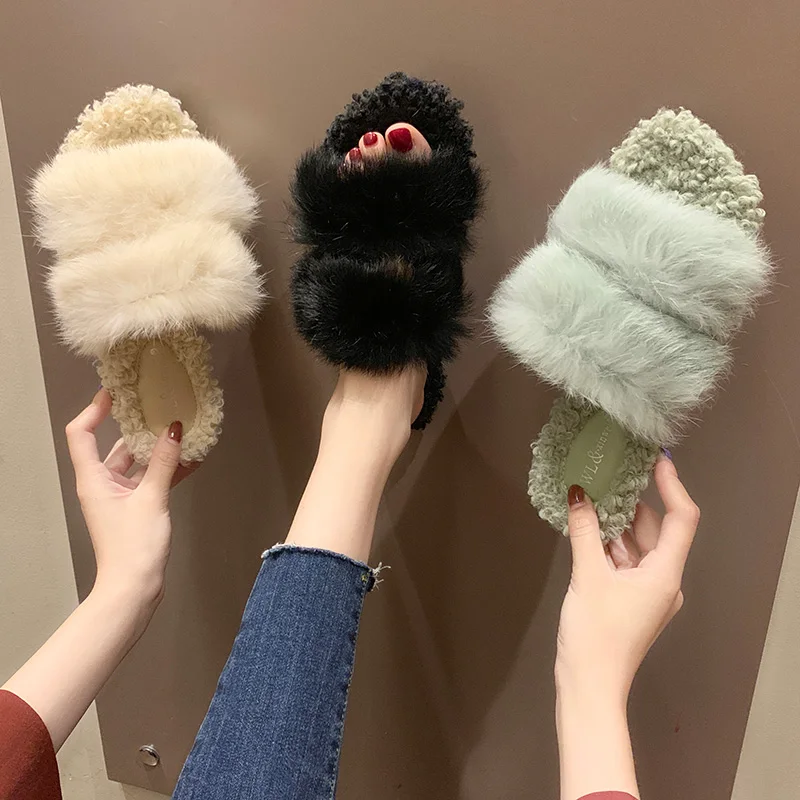 

Slippers Fur Shoes Platform 2019 New Women Slides Flock Fashion Plush Luxury Flat with fur Basic Rubber Short Women's Slippers